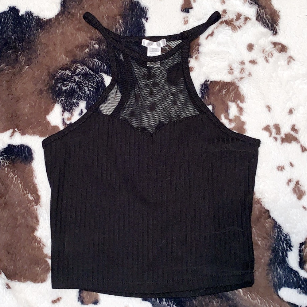 Black mesh halter crop top